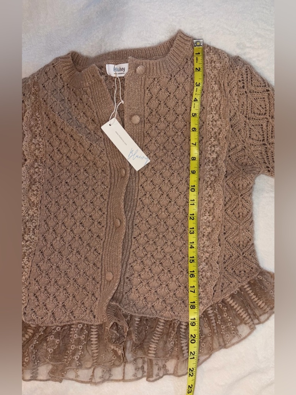 BLUIVY Tan Knit & Lace Cardigan sz M NWT - Picture 6 of 8